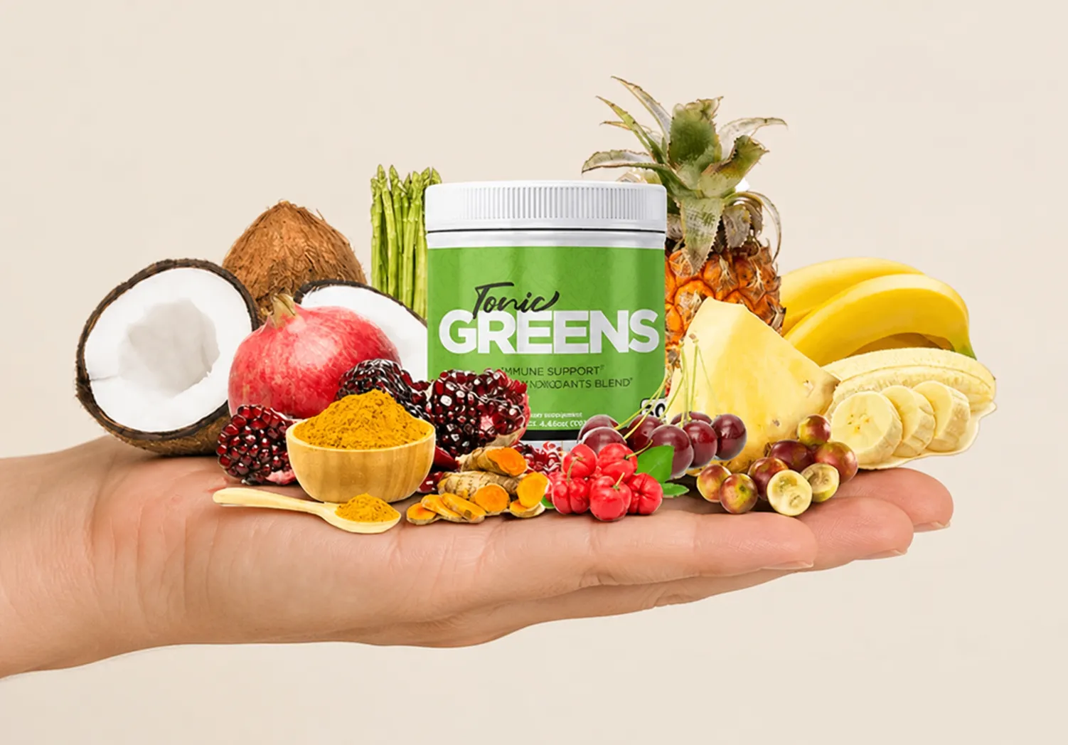 TonicGreens — the package held in a hand