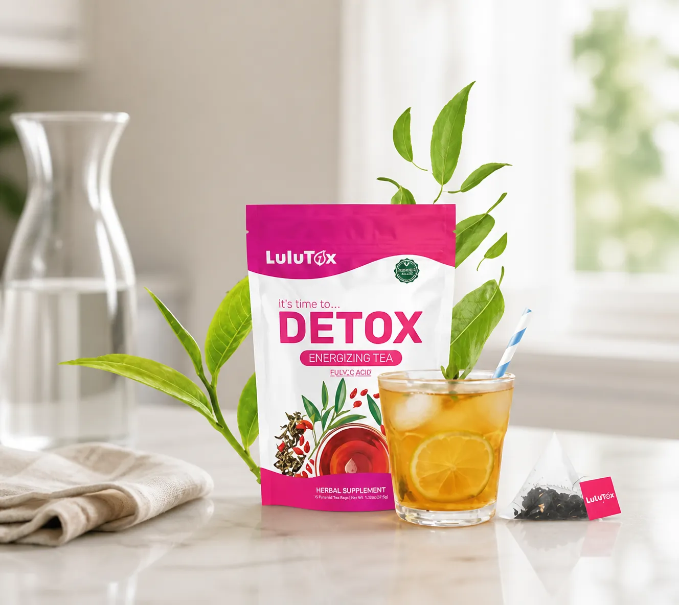 Lulutox Detox Tea — the package in everyday use